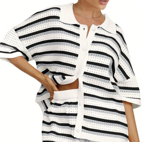 Black Casual Women's Stripe Contrast Button Crochet Knit Tops & Shorts Set - Picture 4 of 10